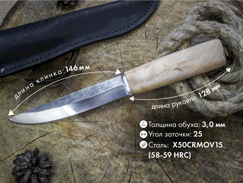 Нож Якут в ножнах, размеры клинка и рукояти